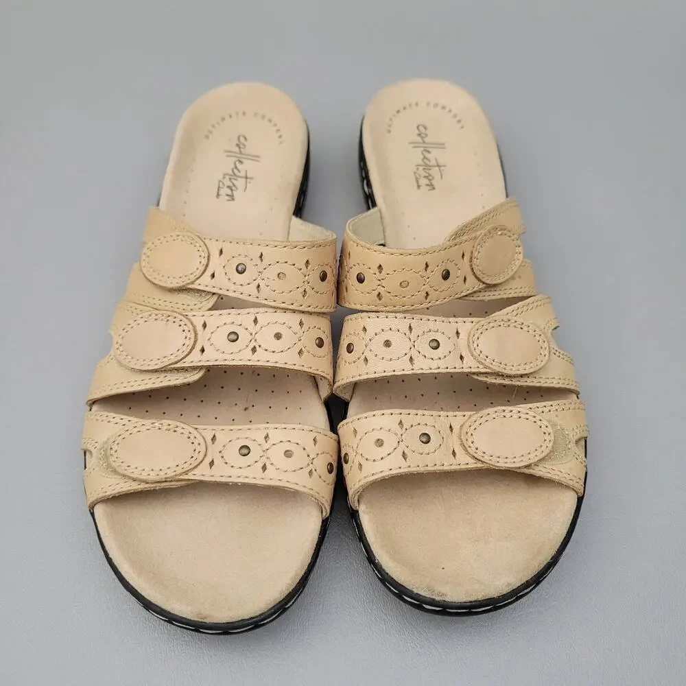 Clarks Collection Womens Leisa Slide Sandals Adjustable Three Strap Beige 8